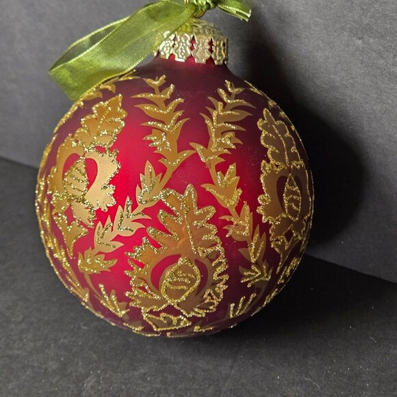 Frontgate Red Gold Glass Christmas Ornament 4" Baroque Leaf Scroll Holiday Decor - Picture 4 of 7